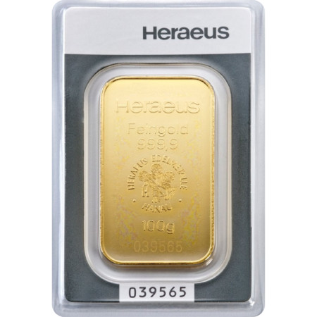 100 g Goldbarren Heraeus - geprägt 