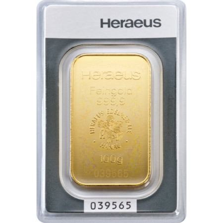 Gold Bar 100 gram - Heraeus - minted